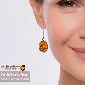 Amber stone dangle Earrings - Silver amber earring - Birthday gifts for her - Natural stone earrings - Cognac amber earrings - Gift Jewelry
