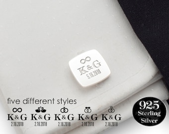 Custom Wedding Cufflinks, Custom Engrave Cufflinks, Date and Initials Cuff Links Silver, Personalized Groom Cufflinks, Groomsmen