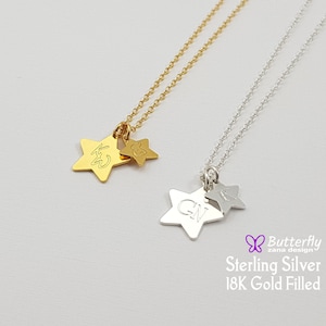 Initial Star Necklace Pendant small and large stars - Dainty personalized Star Necklace - Gift for Her - Sterling Silver Gold