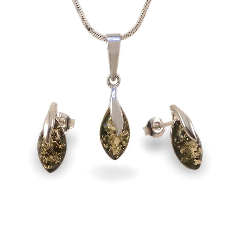 Green amber Pendant & stud earrings set, Small Amber Pendant Necklace, Real Amber Jewelry