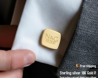 Personalized Wedding Gold Cufflinks 925 silver, Initials and Date, Personalized Groom Cufflinks Gift, Custom Cufflinks, Engraved cufflinks