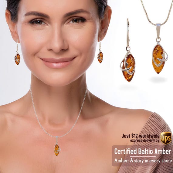 Ligurius Baltic Amber & 925 Silver Jewellery Set - Earrings & Necklace With Chain - Certified, Natural