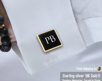 Engraved initial cufflinks - 50th 60th 70th 80th birthday gift for Men - Custom black and gold cufflinks Timeless Memories, Carved in Stone