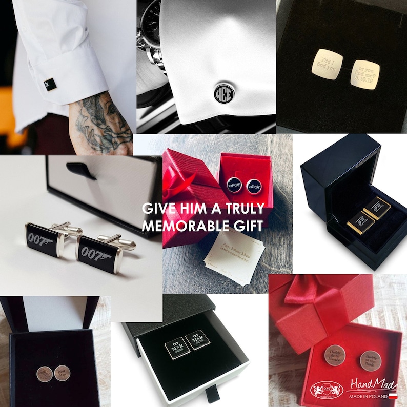 May include: A pair of cufflinks in a black box with the number "007" engraved on them. The cufflinks are silver with black enamel. The box is open and the cufflinks are visible. The text "GIVE HIM A TRULY MEMORABLE GIFT" is written in white letters on a red background.