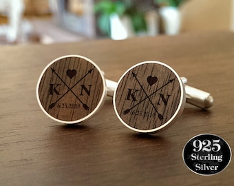 Personalized Arrow Wedding Cufflinks Walnut wood, Initials and Date,Groom Cufflinks Gift, Silver Custom Cufflinks, Engraved cufflinks