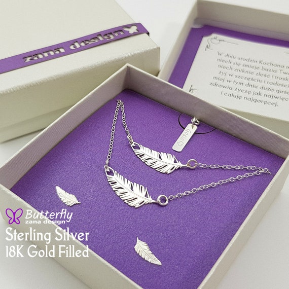 Personalized feather necklace set - Sterling silver feather Necklace Bracelet, Earrings - Everyday dainty necklace gift for her