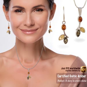 Può includere: Un set di collana e orecchini in argento con un ciondolo e orecchini con un design a forma di ramo con tre pietre di ambra in tonalità di giallo, arancio e marrone.