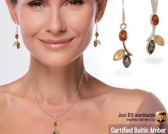 Amber Pendant And Earrings Set – 925 Sterling Silver With Real Baltic Amber, Gift For Mom - View #5