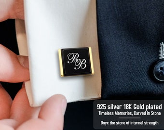 Mens engraved initial cufflinks - Monogram cufflinks for Groom Groomsman - Black and gold Custom wedding cufflinks - Personalised cufflinks