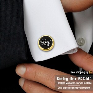 Gemelos de oro para novio, gemelos grabados personalizados - Gemelos con iniciales en negro y oro - Regalo de boda personalizado para padrinos de boda, papá, padre