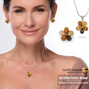 Amber Flower Set - Multicolour amber set - pendant & stud earrings - Flowers jewelry set - Gemstone set - Real amber jewelry
