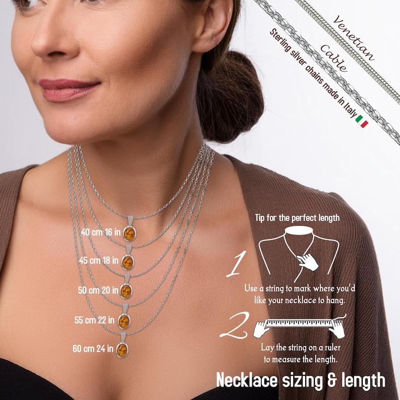 May include: A close-up of a woman wearing a silver Venetian cable chain necklace. The necklace is shown in different lengths, ranging from 40 cm to 60 cm. The image includes instructions on how to measure your neck for the perfect necklace length.