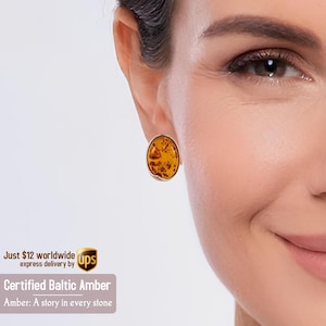 Amber stone stud Earrings - Sterling silver earring- Birthday gifts for her - Natural stone earrings - Cognac amber earrings - Gift Jewelry