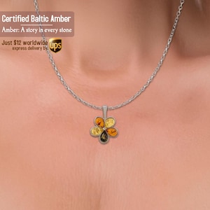 Amber Flower Pendant - Multicolour amber pendant - Gemstone pendants - Real amber jewelry - Flowers jewelry - Amber silver jewelry