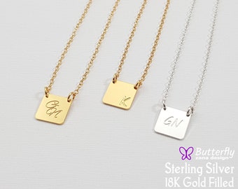 Simple Square Plate Necklace - Delicate initial monogram Necklace - Gift for Her - Personalized Tag Gift For Her - Gold initial pendant