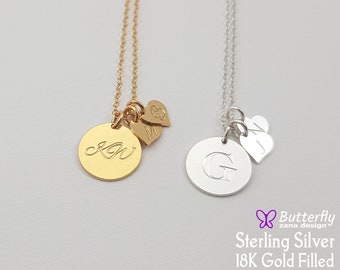 Personalized Disk With Heart Tag - Disc and Hearts Tags with Kids Initials - Custom Heart Necklace for new Mom Gift - Gold, Silver