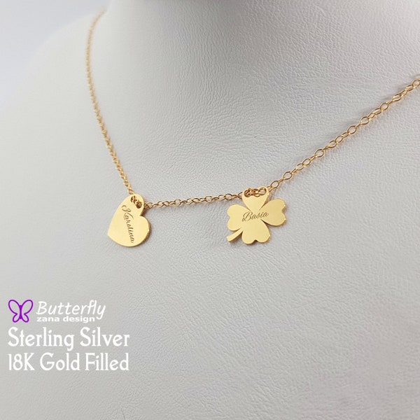 Four leaf clover necklace Gold Sterling silver - Personalized clover heart lucky pendant necklace Gift - Dainty Everyday Shamrock Necklaces