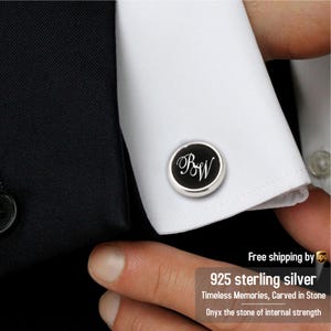 Regalos personalizados para el cumpleaños del esposo - Gemelos personalizados - Regalo de aniversario para él -Plata de ley 925 y ónix negro