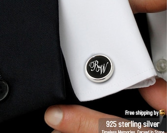 Regalos personalizados para el cumpleaños del esposo - Gemelos personalizados - Regalo de aniversario para él -Plata de ley 925 y ónix negro