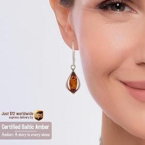 Marquise amber dangle earrings - Gift for her - Honey Amber earrings - Amber silver Jewellery - Gift Jewelry - Stone earrings