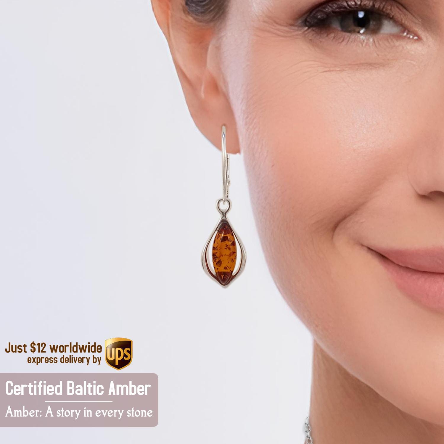 Juego De Pendientes De Plata De Ley Con Diseño Marquesa De ámbar Y Cadena De 18.0 In, Ámbar, Ámbar : Amber By Graciana