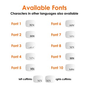 May include: A chart displaying 10 different font styles for text. The chart is labelled "Available Fonts" and "Characters in other languages also available". Each font style is shown in a white oval with the text "MN" in the font style.