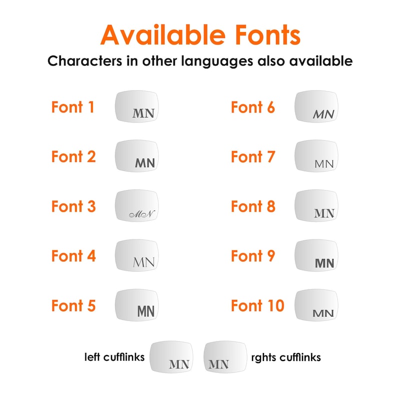 May include: A chart displaying 10 different font styles for text. The chart is labelled "Available Fonts" and "Characters in other languages also available". Each font style is shown in a white oval with the text "MN" in the font style.