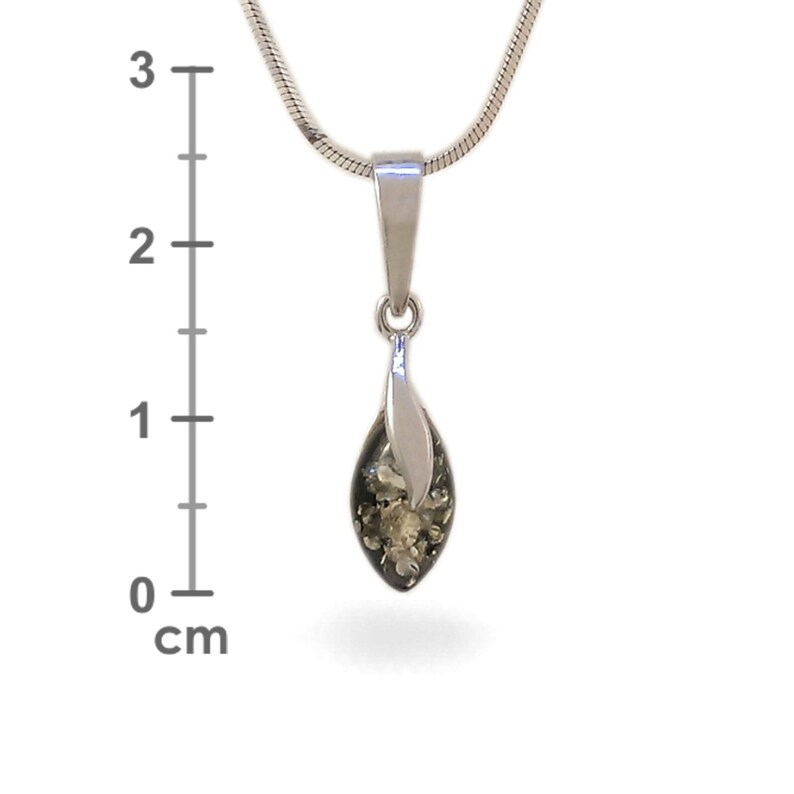 May include: A silver pendant with a green amber stone in the shape of a teardrop. The pendant is approximately 2 cm long.