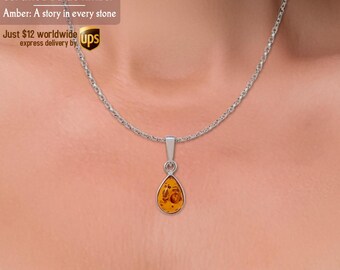 Amber drop Pendant Necklace- Sterling Silver Amber Jewellery - Real Amber Jewelry - Gift Jewelry - Bernstein - Baltic amber jewelry