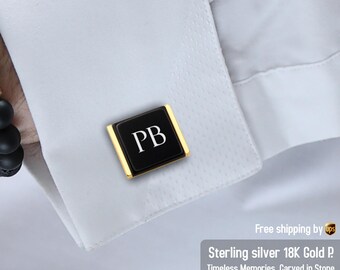 Gold cufflinks personalized - Black nad gold cufflinks initials - Custom cufflinks for groomsmen, Groom, Husband, Dad - Black onyx cufflinks