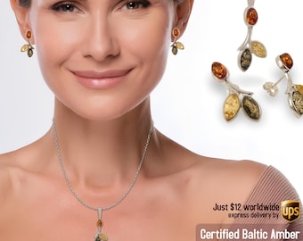Leaf amber jewelry set - Pendant & stud earrings - Multicolour Gemstone pendants - Birthday gifts - Gift for her - Real amber jewelry