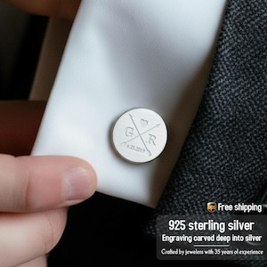 Personalised Silver Arrow Wedding Cufflinks, Groom Wedding Cufflinks, Round engraved cufflinks, Date and Initials, Gift from Groom