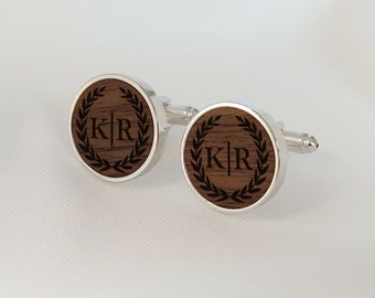 Engraved Wood Cufflinks, Personalized Wedding Anniversary gift for Him, Initial and Date, Gift for Groom, Walnut wooden Cuff links