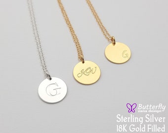 Initial Disk necklace - Personalized Simple Disc Necklace - Coin Circle name necklace - Sterling silver, Gold