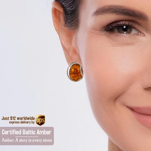 Oval Amber stud Earrings - Beautiful stone earring - Natural stone earrings - Cognac amber earrings - Gift Jewelry