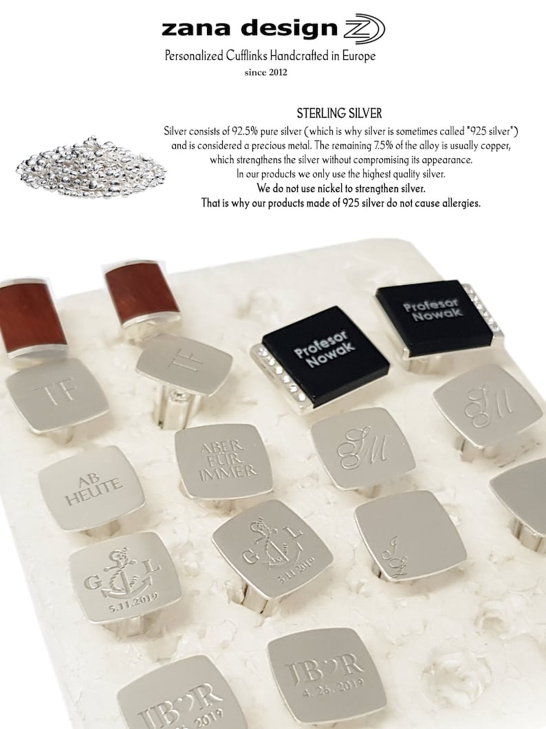 May include: A collection of silver cufflinks with various engravings, including "AB HEUTE", "ABER FUR IMMER", "G&L 5.11.2019", "JBOR 4.26.2019", and "Professor Nowak".