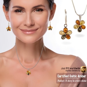 Amber Flower Set - Flowers jewelry set - Multicolour amber pendant & dangle earrings - Gemstone pendants - Gift Jewelry