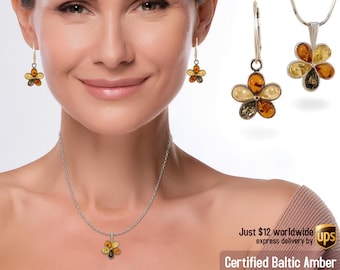 Amber Flower Set - Flowers jewelry set - Multicolour amber pendant & dangle earrings - Gemstone pendants - Gift Jewelry