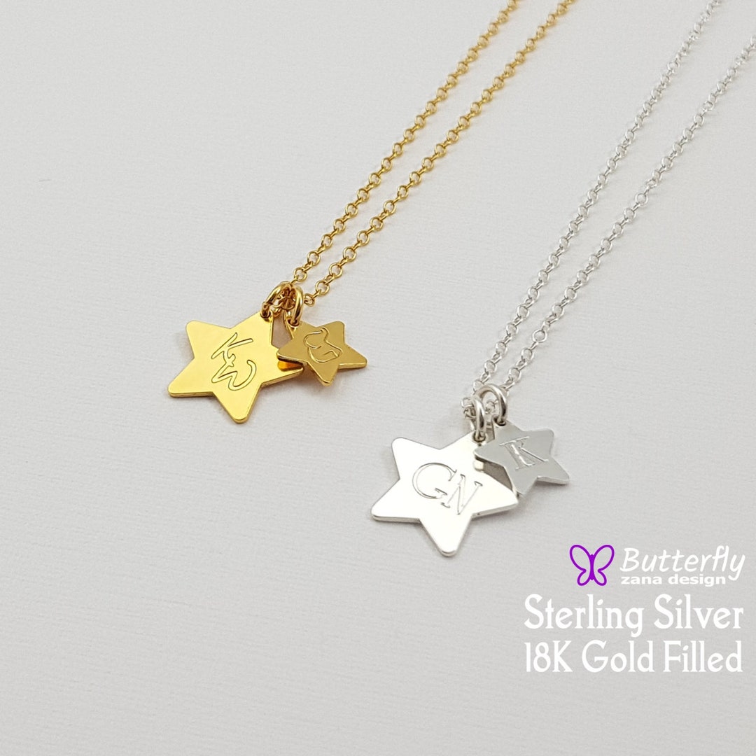 Initial Necklace Small and Large Stars Simple Personalized - Etsy