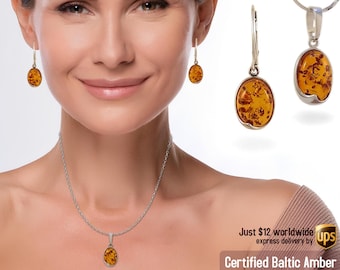 Conjunto de ámbar con colgante y pendientes - Conjunto de ámbar plateado - Regalos de cumpleaños para ella - Joyas de regalo - Ámbar real - Ámbar natural - Conjunto de joyas de ámbar