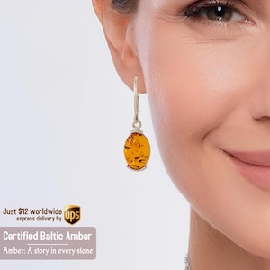 Amber Gift Jewelry - Natural stone earrings - Amber stone dangle Earrings - Sterling silver earring - Gift for her - Cognac amber earrings