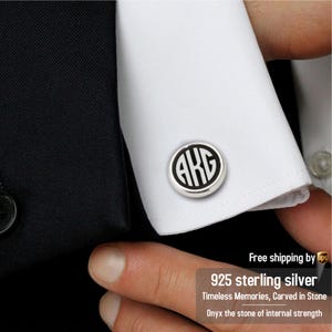 Monogram Cufflinks - Monogrammed initial cuff links - Wedding Groom or Groomsmen gift mens custom cufflinks - Silver black onyx cufflinks