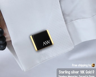 Black and Gold cufflinks - Custom initial Cuff links - Groom or groomsmen gifts personalized - Wedding, anniversary gifts for men, him