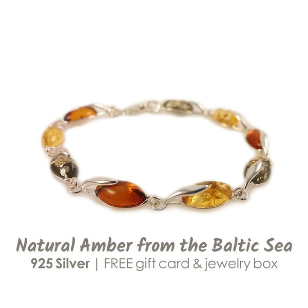 Bracelet à maillons d'ambre, bracelets tendance, bracelet d'ambre multicolore, bracelet en argent couleur, bracelet élégant de pierres précieuses, bijoux cadeau