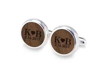 Custom wooden cufflinks LOVE initials, Sterling Silver Wood Cufflinks, Engraved cufflinks, Groomsmen cufflinks, Mens cufflinks