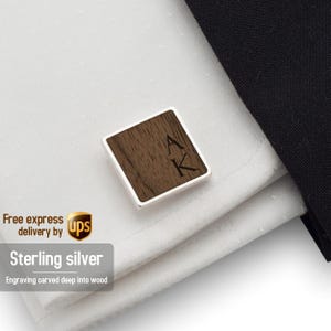 Personalized Wood Cufflinks, Square Wood Cufflinks, Wedding Silver wooden Cufflinks, Mens cuff links, Gift for men, Wedding Keepsake