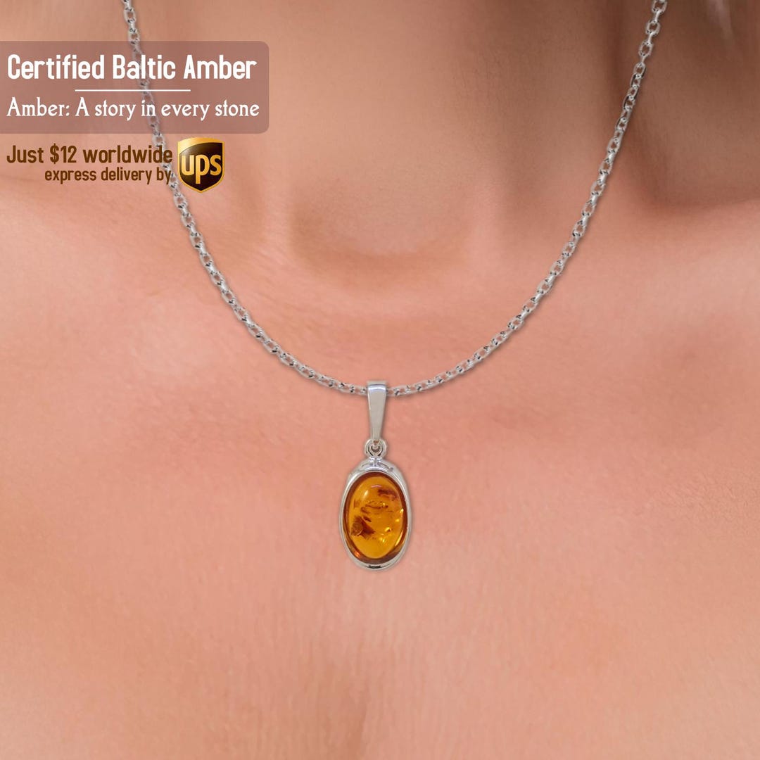 Handmade Baltic Amber Gemstone Pendant - Silver Plated - Orange Color - 1.32 Inches - Wedding Birthday Gift-585377