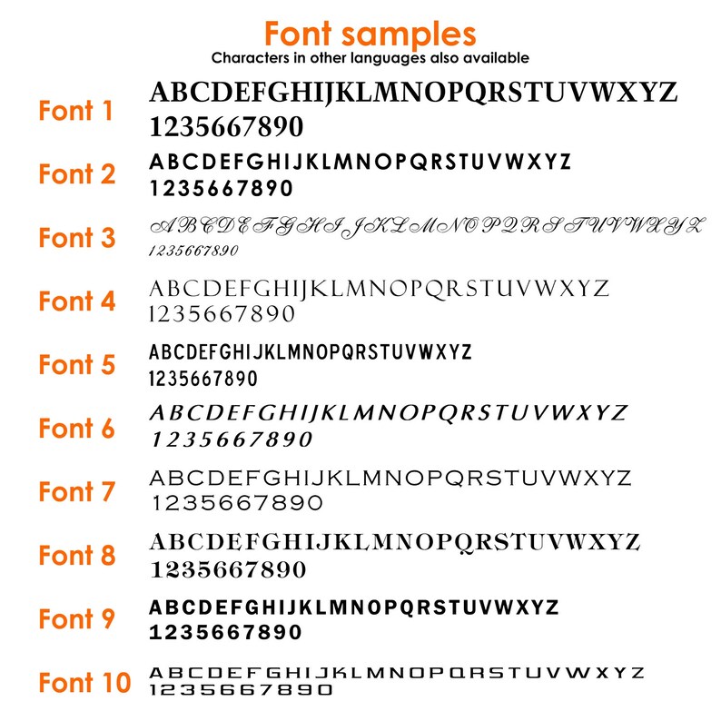 May include: A graphic showing 10 different font styles, labelled Font 1 through Font 10. Each font style displays the alphabet in uppercase and the numbers 1235667890.