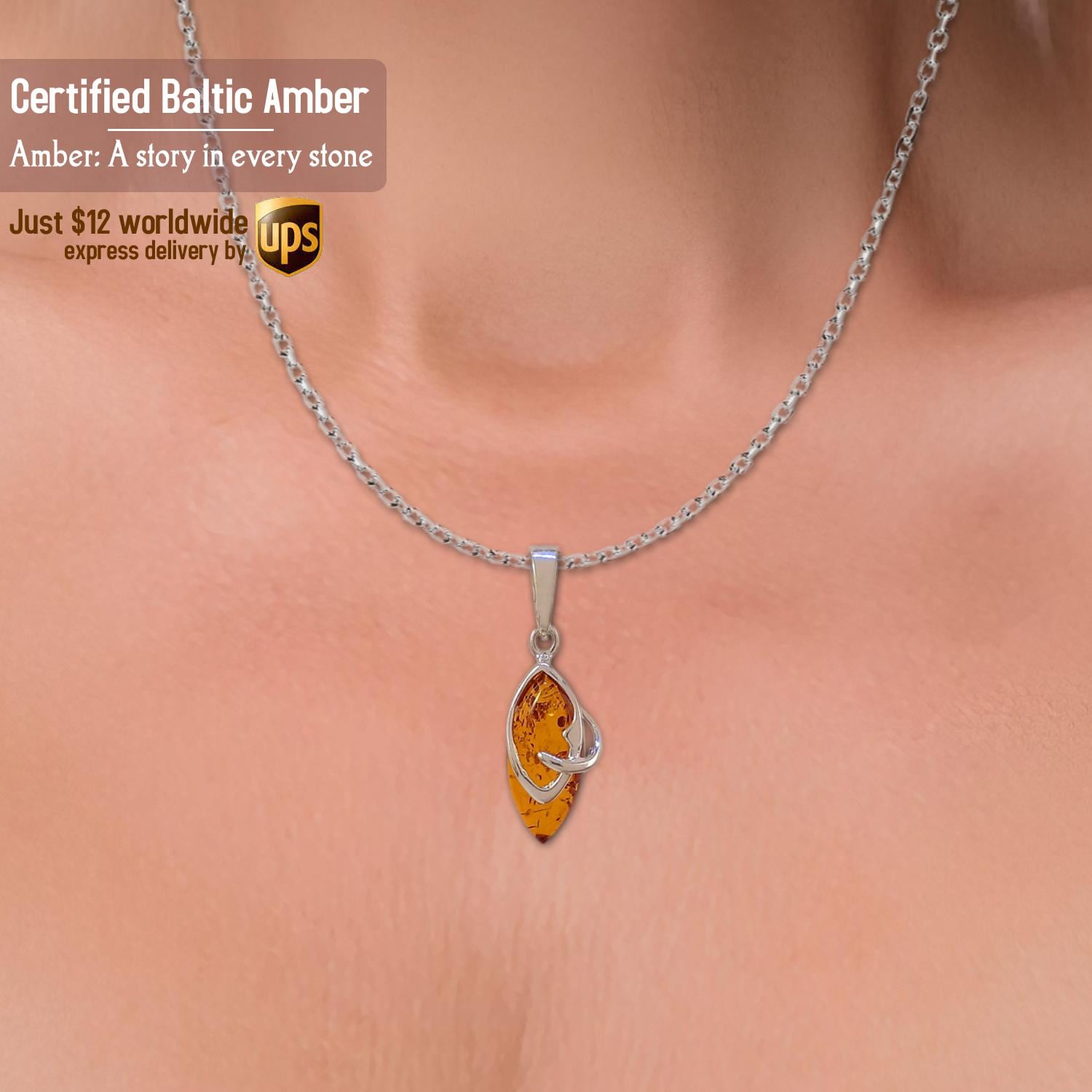 Pendentif En Ambre Naturel Et Argent 925 Pour Femme - Collier (sans Chaîne) - Neuf Avec étiquettes