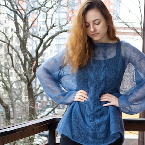 Oversize Long Mohair Sweater Denim Color, Loose Fit Light Summer Boho Jumper, Cable Knit Transparent Fuzzy Pullover, Cute Airy Sweater